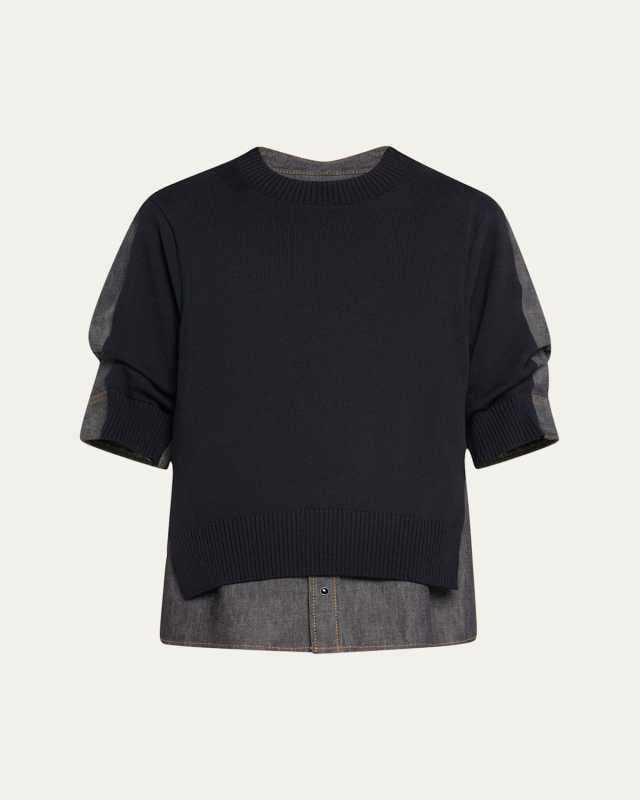 Mixed-Media Denim Knit Top